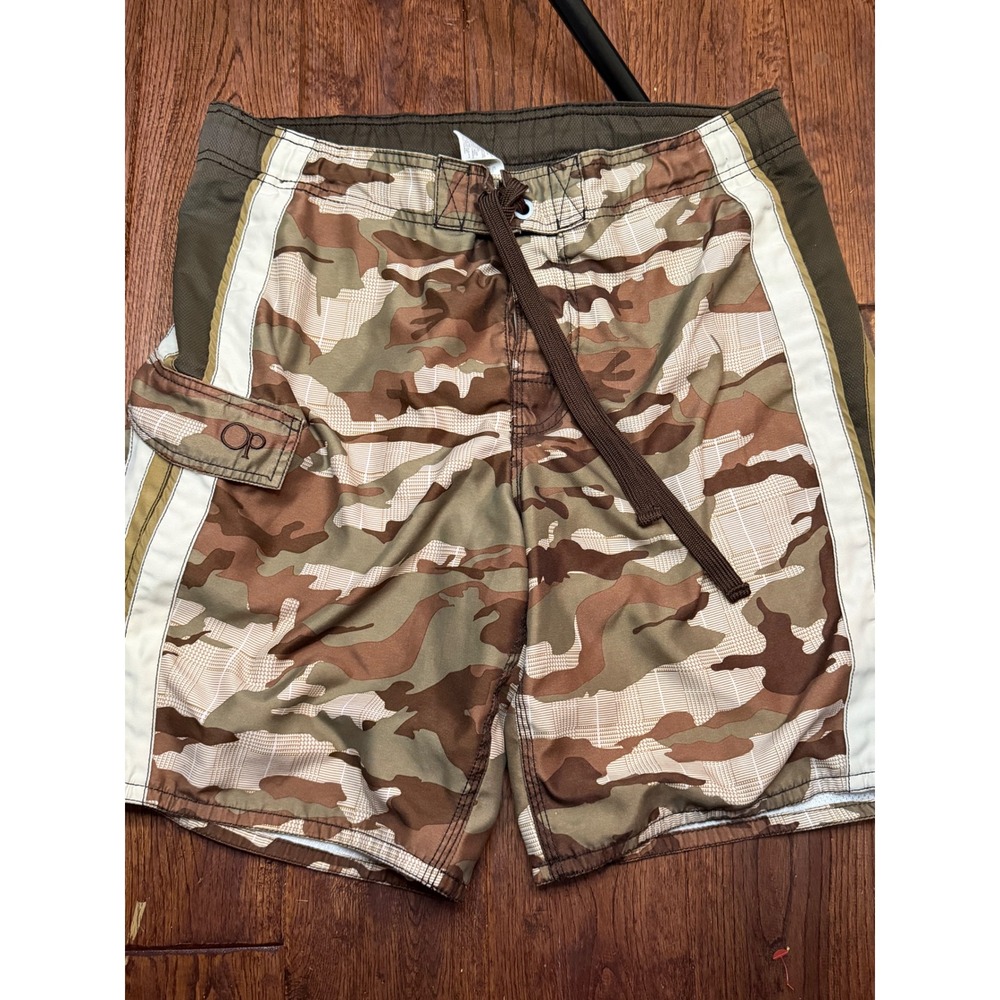 OP‎ Ocean Pacific Mens Camo Board Shorts Brown Tan White Stripe Swim Trunks  M